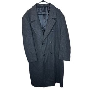 London Fog Men's 100% Wool Grey Double Breasted Overcoat Trench Coat Sz 42 Reg